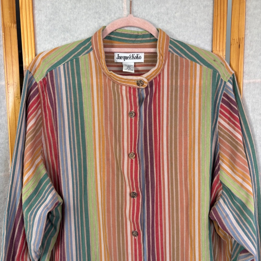 Jacque & KoKo Striped Button Down Shirt 18/20 Multi-Color Linen Stain - Picture 2 of 12